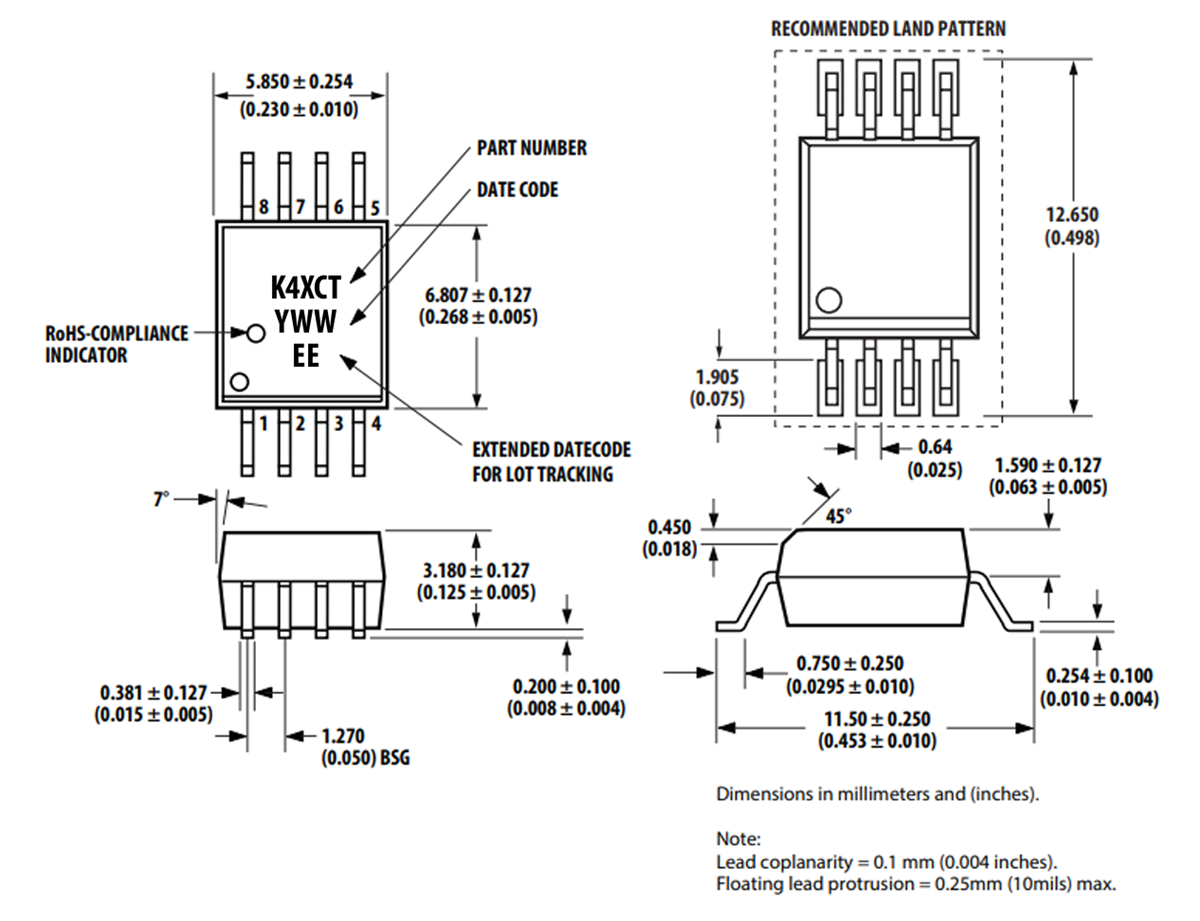 机械图纸 - Broadcom ACPL-K43CT和ACPL-K44CT R2Coupler™光耦合器